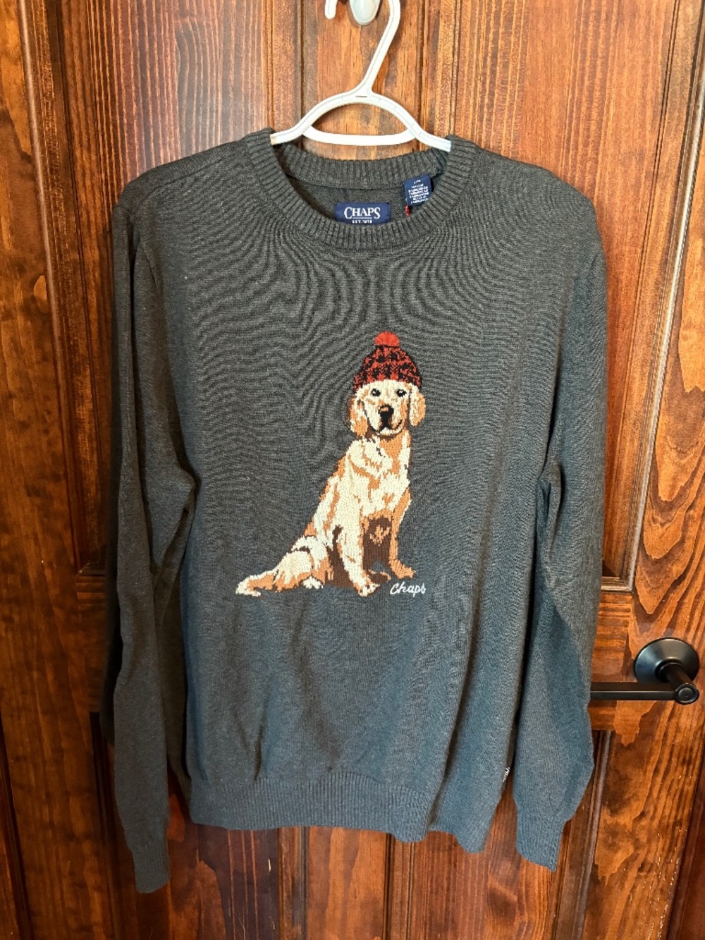 Chaps size large women's sweater, charcoal gray with dog, NWT